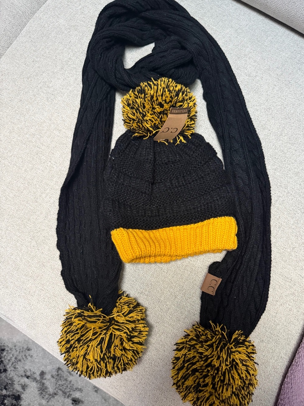 CC Boutique Black/Gold Pom-Pom Beanie with Matching Scarf